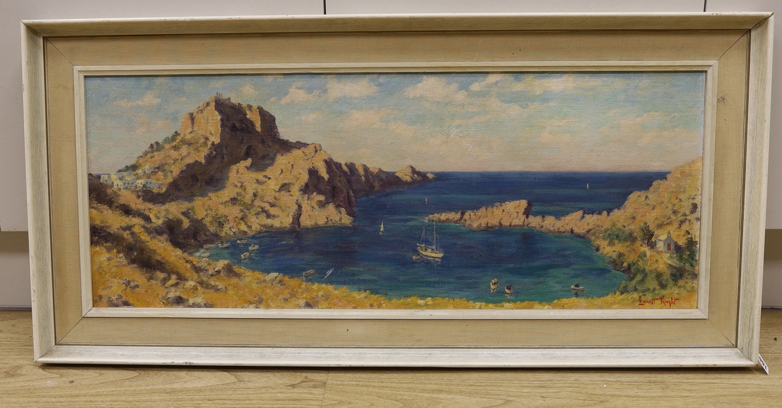 Ernest Knight (1915-1995), oil on board, 'St Paul's Bay, Lindos, Rhodes', signed, 32 x 83cm